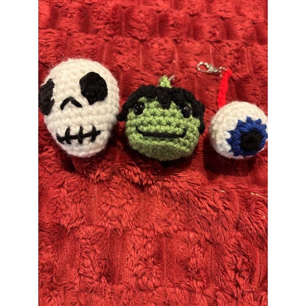 3 Keychains Backpack Tags Skeleton Frankenstein Eyeball 2-3" Handmade Halloween